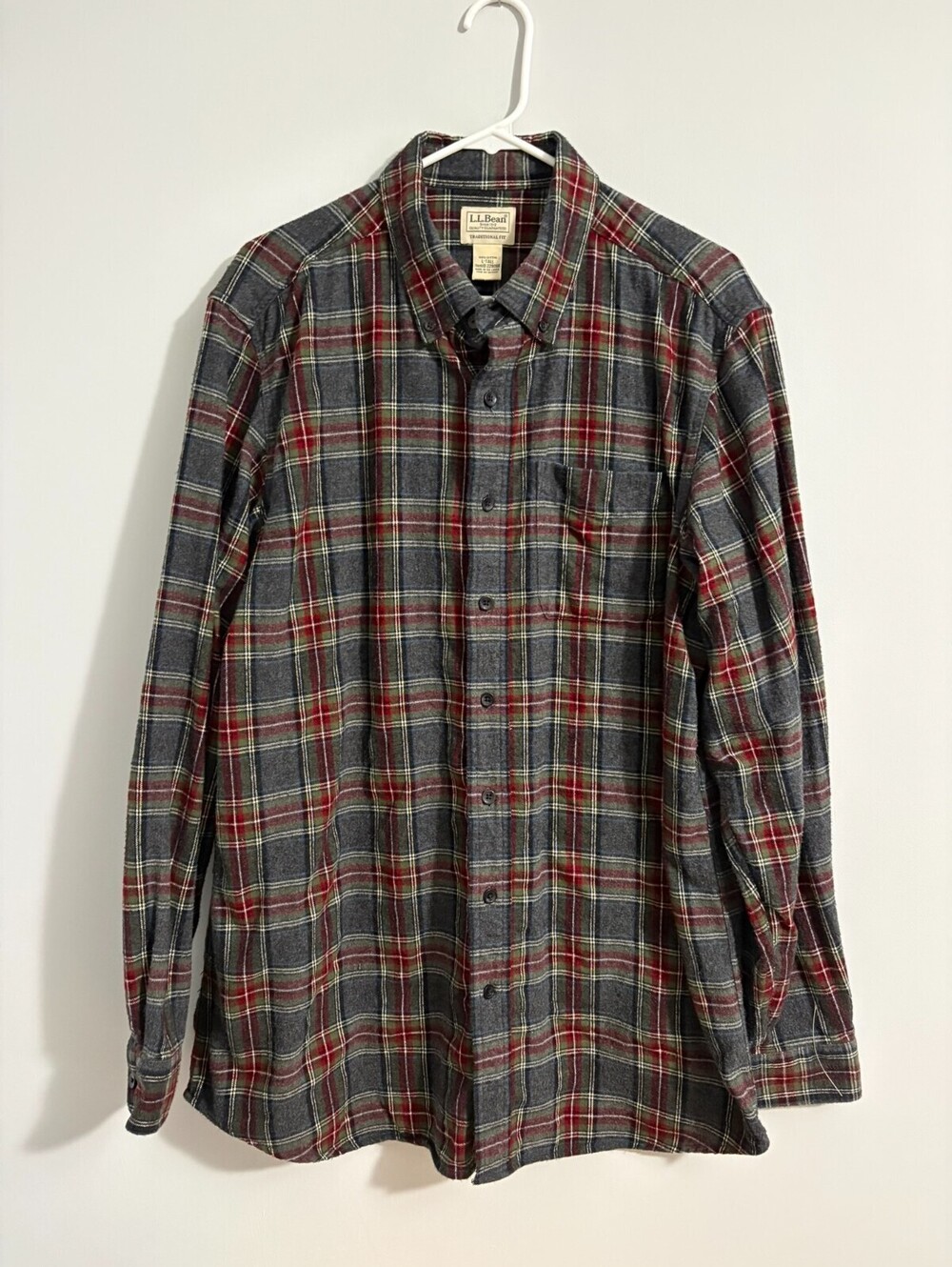LL Beam Mens Flannel Shirt Button Down Large Tall Gray Red Plaid Work Cotton